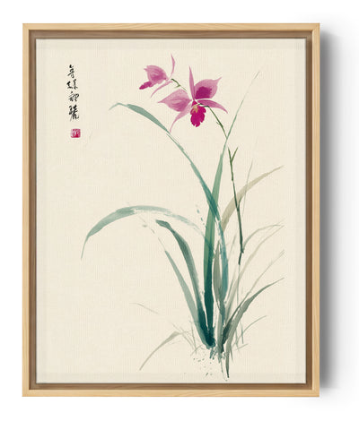 Peinture florale orientale à l'encre avec orchidées roses, style zen et minimaliste