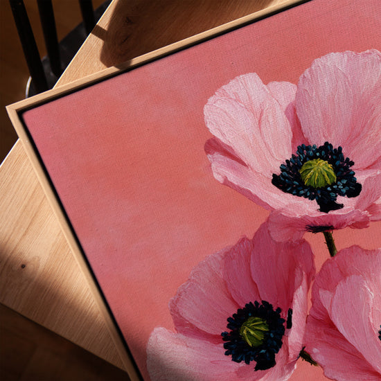 Pink poppies impasto wall art for the living room, with a golden oak frame