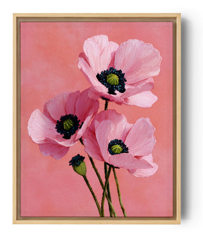 Tableau de fleurs roses éclatantes sur fond corail, style botanique frais et romantique