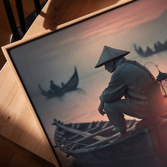 Tableau pêcheur vietnamien au crépuscule pour bureau minimaliste