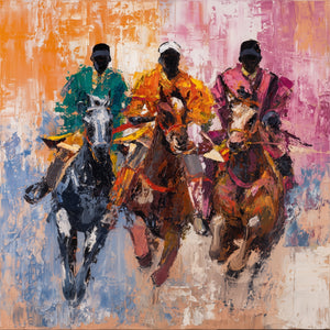 Black and white horse painting on a gold background, evoking elegance and harmony, in a classic style.