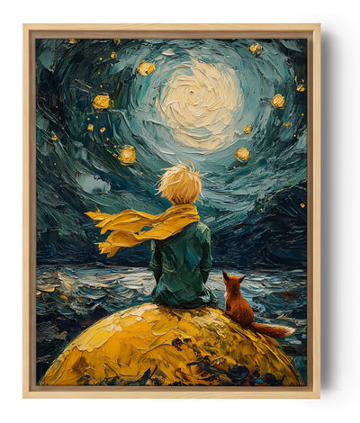 Peinture du Petit Prince et son renard assis sur une planète, avec une vue féérique de l'univers. Idéale pour une chambre d'enfant.