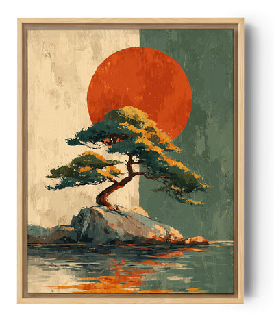 Wandbild einsamer Baum auf Insel mit großem rotem Kreis, Zen-Landschaftsstil