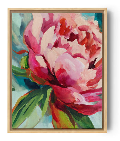 Florales Wandbild in leuchtenden Rosa- und Grüntönen, lebendiger impressionistischer Stil