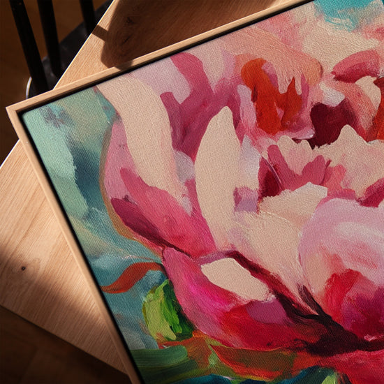 Colorful peony floral canvas for living room, framed in golden oak