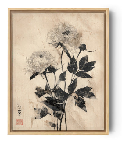 Illustration florale vintage de pivoines en noir et blanc, style botanique oriental