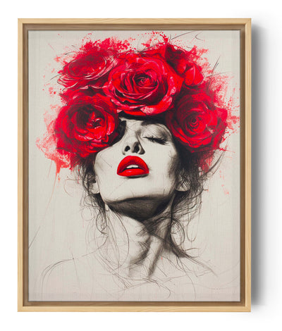 Leinwand, Frauengesicht, Bleistiftstrich, Rosen im Haar.