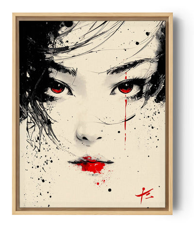 Detailliertes Geisha-Wandbild mit roten Augen und scharlachroten Lippen auf schwarz-weißem Hintergrund.