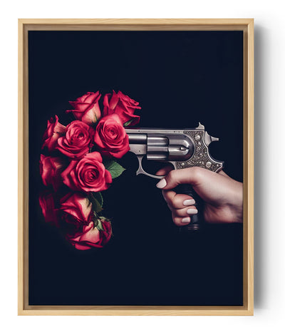 Cuadro Revólver: una mano surge de la oscuridad, aprieta el gatillo de una pistola de la que no escapan balas, sino rosas radiantes.