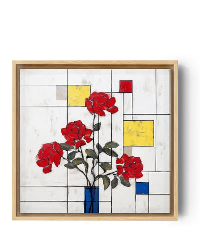 Modern red roses wall art on a white, yellow, and blue geometric background, Mondrian-inspired floral