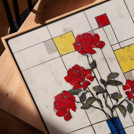 Roses rouges géométrie Mondrian tableau pour salon scandinave