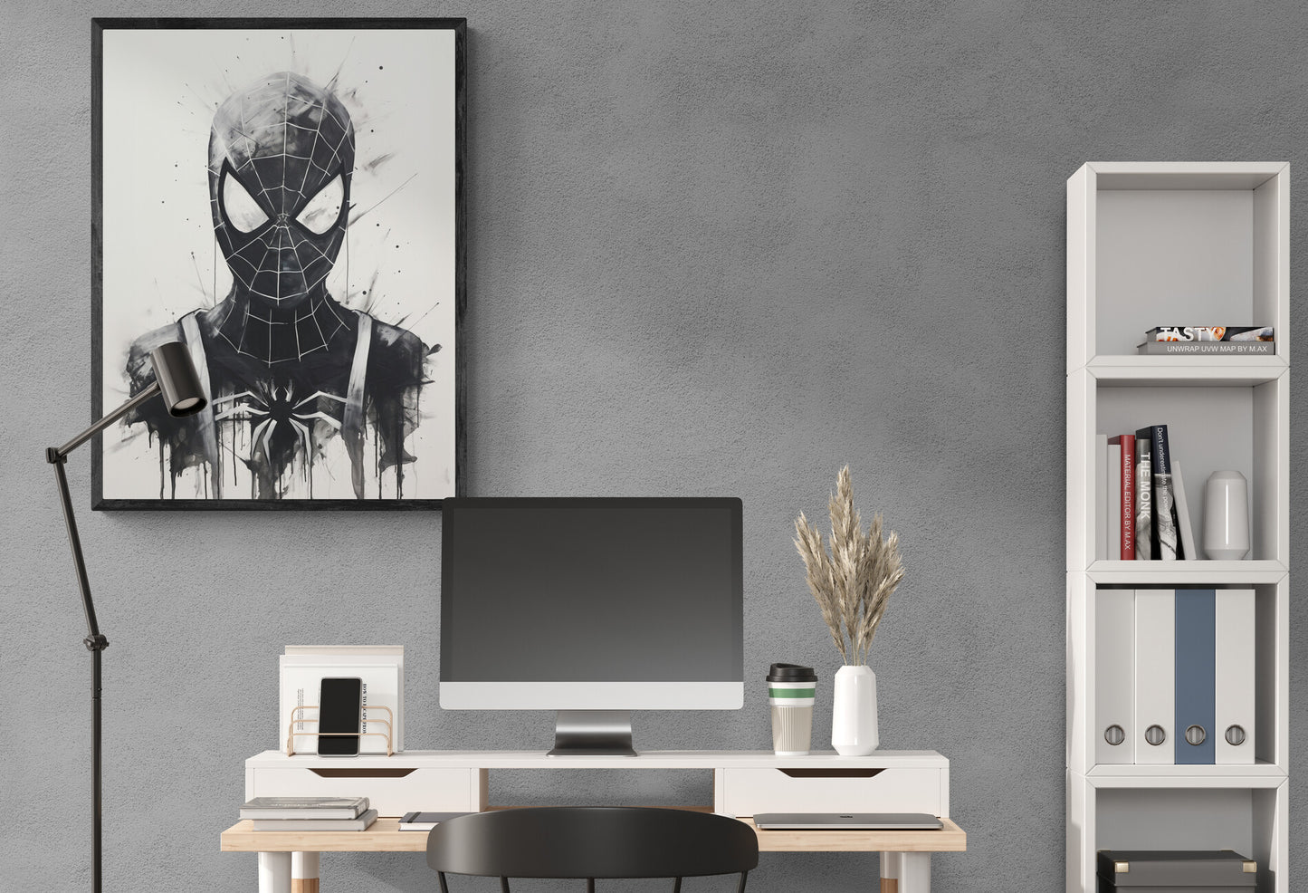 Un tableau moderne de Spider-Man en noir et blanc domine l'espace de travail avec une touche artistique audacieuse