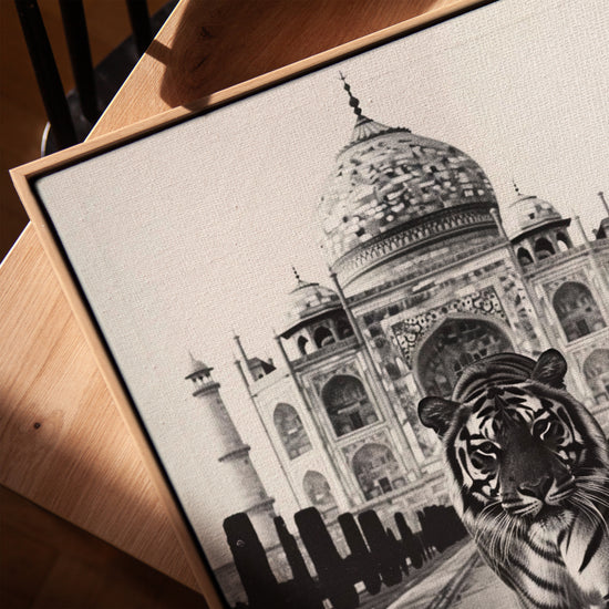 Tiger and Taj Mahal wall art for living room, golden oak frame