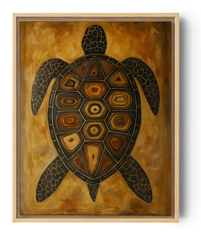Large tribal turtle painting hanging in a bright foyer with arches, wooden furniture, and decorative plants, highlighting its natural, authentic look