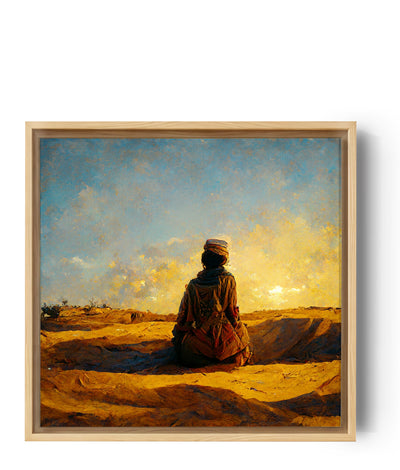 Tableau touareg dans le desert, au cœur du désert un Touareg s'agenouille en contemplant le coucher du soleil. Vêtu d'un takakat et coiffé de son tagelmust, Il admire le ciel doré. Le touareg est à genoux, dans une position ressemblant à celle de la prière, comme pour remercier le tout puissant de cette scène qui s'offre à lui