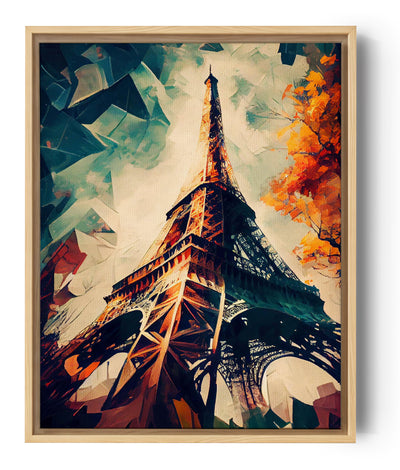 Paris Eiffel Tower painting, low-angle view with blue, white and red tricolor sky
