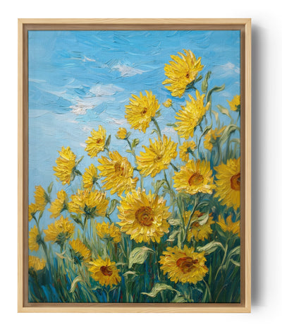 Bild gelber Sonnenblumen vor blauem Himmel, impressionistischer Stil, weckt sommerliche Freude