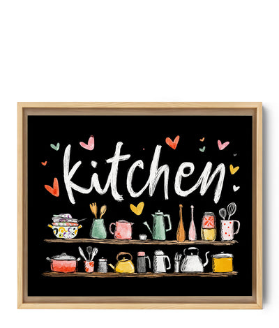 Dessin vectoriel d'ustensiles de cuisine mignons sur des étagères avec des cœurs et le mot « cuisine » en lettres blanches, coloré, fond noir, dans le style de l'art vectoriel, haute résolution, dessiné à la main, très détaillé, illustration mignonne, haute qualité, haute définition