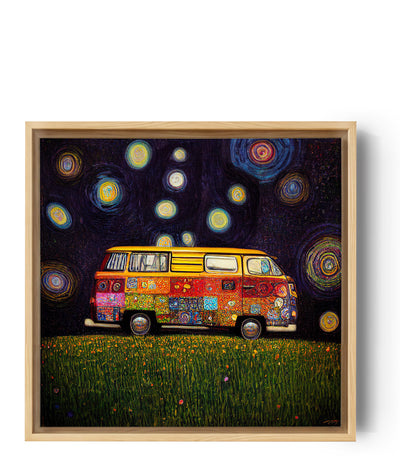 Tableau d'un van hippie multicolore posée au milieu d'un champ d'herbe. Une belle peinture aux couleurs chatoyantes et à l'âme joyeuse.