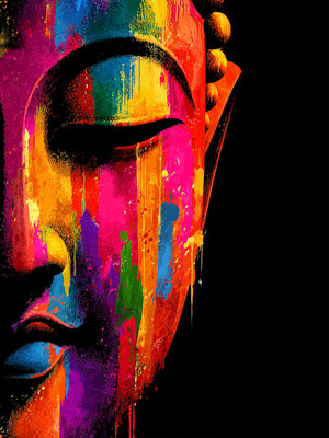 Close-up of a modern Buddha face canvas, featuring splashes of vibrant colors against a bold black background.