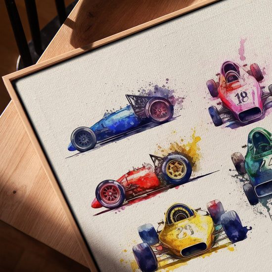 Toile voitures de course aquarelle pour bureau minimaliste