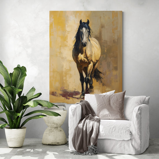 Beige horse painting on a golden background above a white armchair, green plant, and bright living room