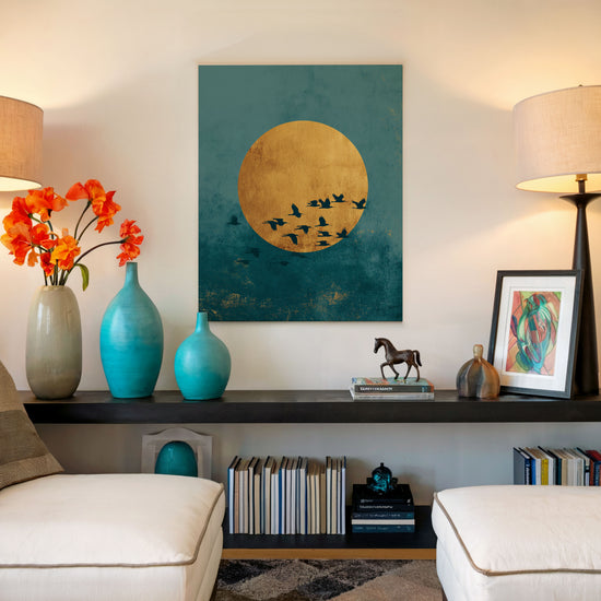 Tableau mural zen avec soleil doré sur fond bleu et silhouettes d’oiseaux, décorant un intérieur moderne et apaisant.
