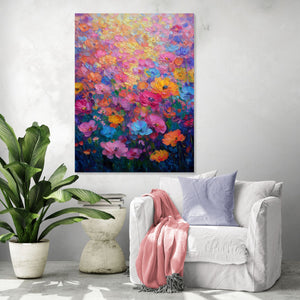 Toile florale colorée effet impressionniste pour une atmosphère lumineuse et apaisante dans le salon