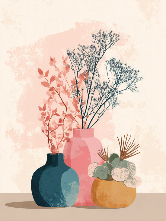 Three colorful vases with stylized flowers and plants, retro-chic summer style.