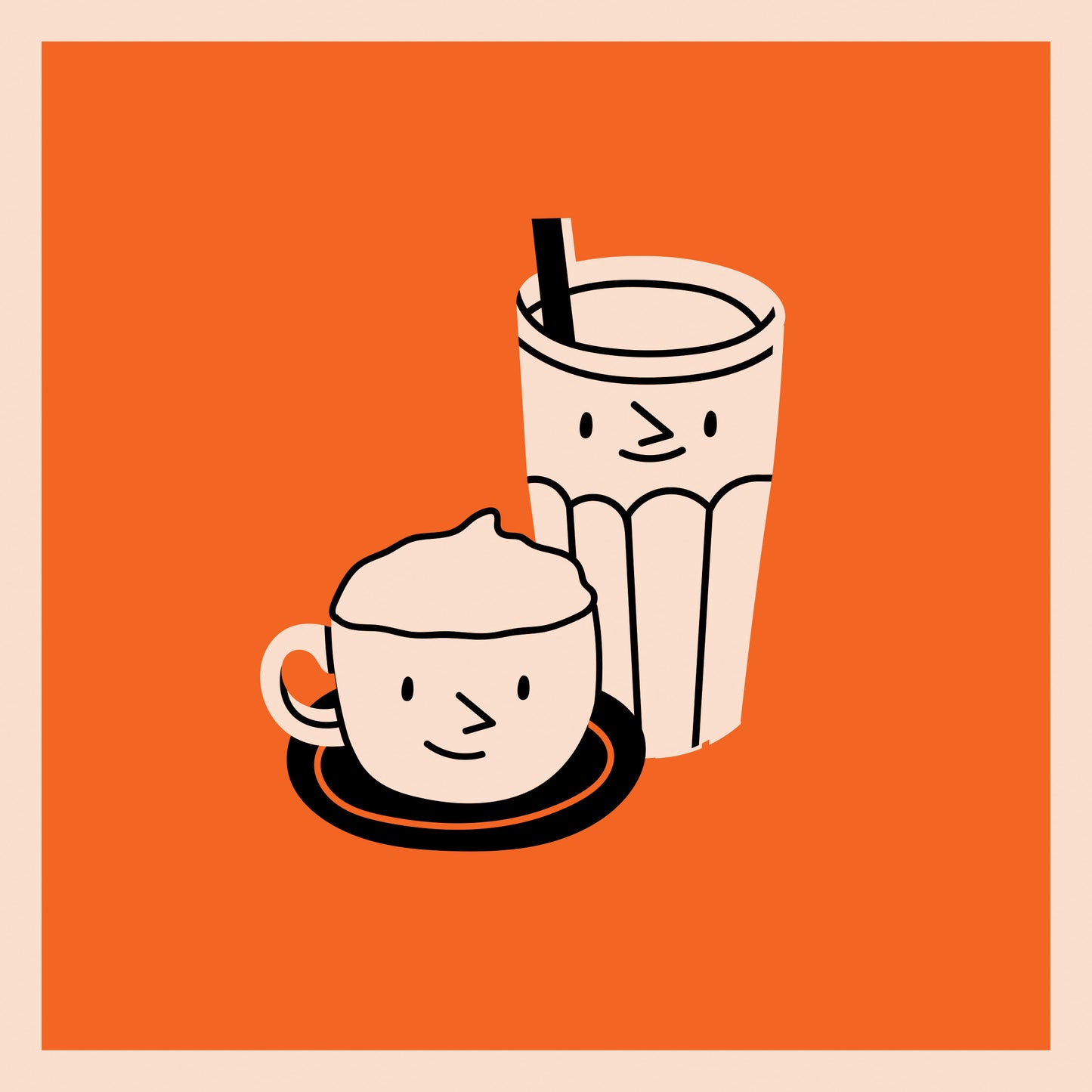  Un tableau cuisine moderne avec une  illustration sur fond orange de deux petites tasses mignonnes qui sourit 