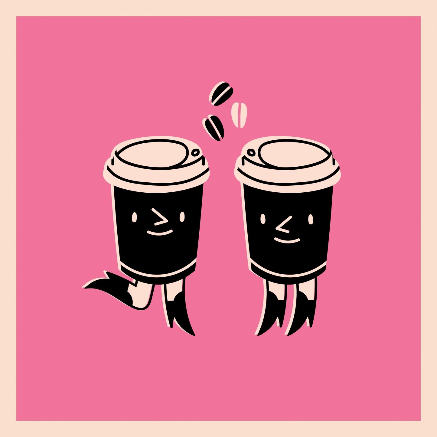 Un tableau coloré rose avec deux tasses à café personnifiées qui se font faces. Elles ont des jambes et un visage qui sourit