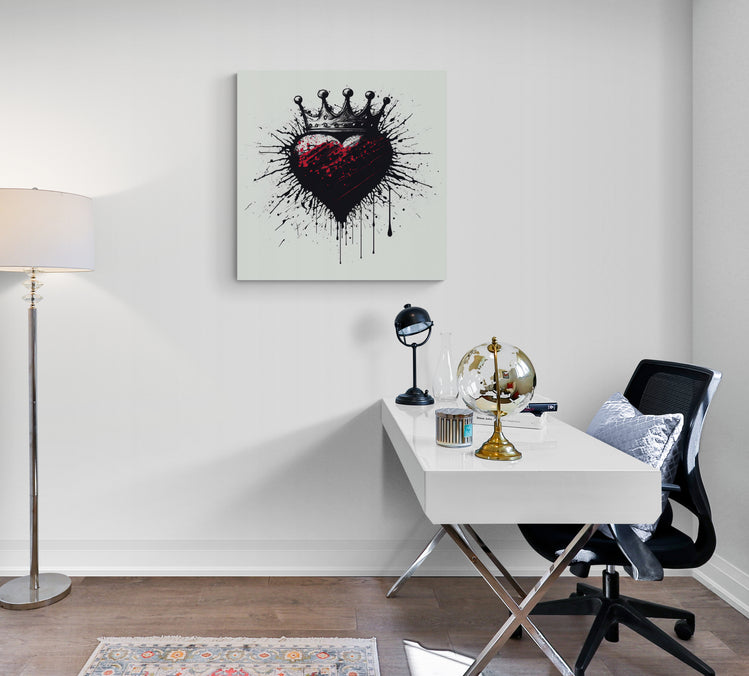 Un tableau avec une illustration cœur noir décore le mur d'un bureau design