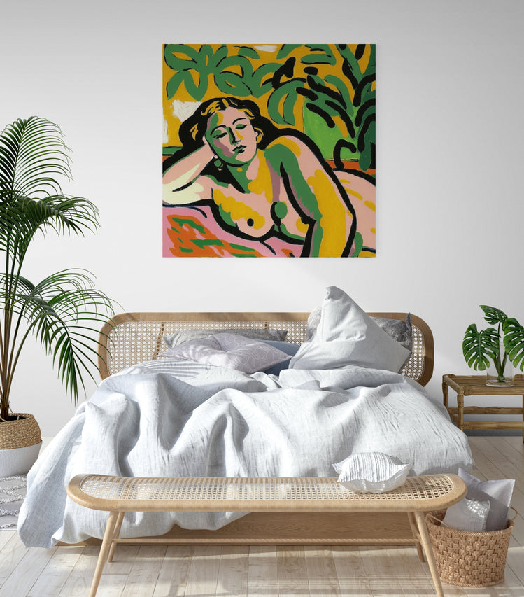 tableau toile pour chambre femme allongée et nue