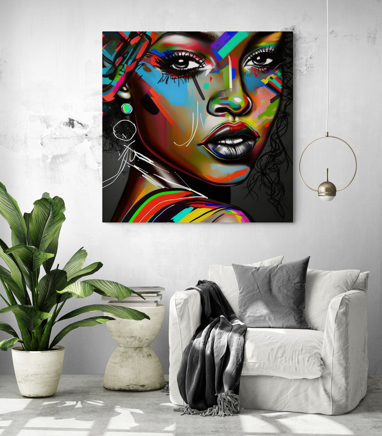 tableau moderne salon street art femme noire, graffiti avec des couleurs primaires