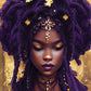 tableau imprimé d'une femme noir inspiré de la peinture et de la déesse éthérée à la peau sombre, longs cheveux violets et noirs avec des perles ornées et des pièces d'or.