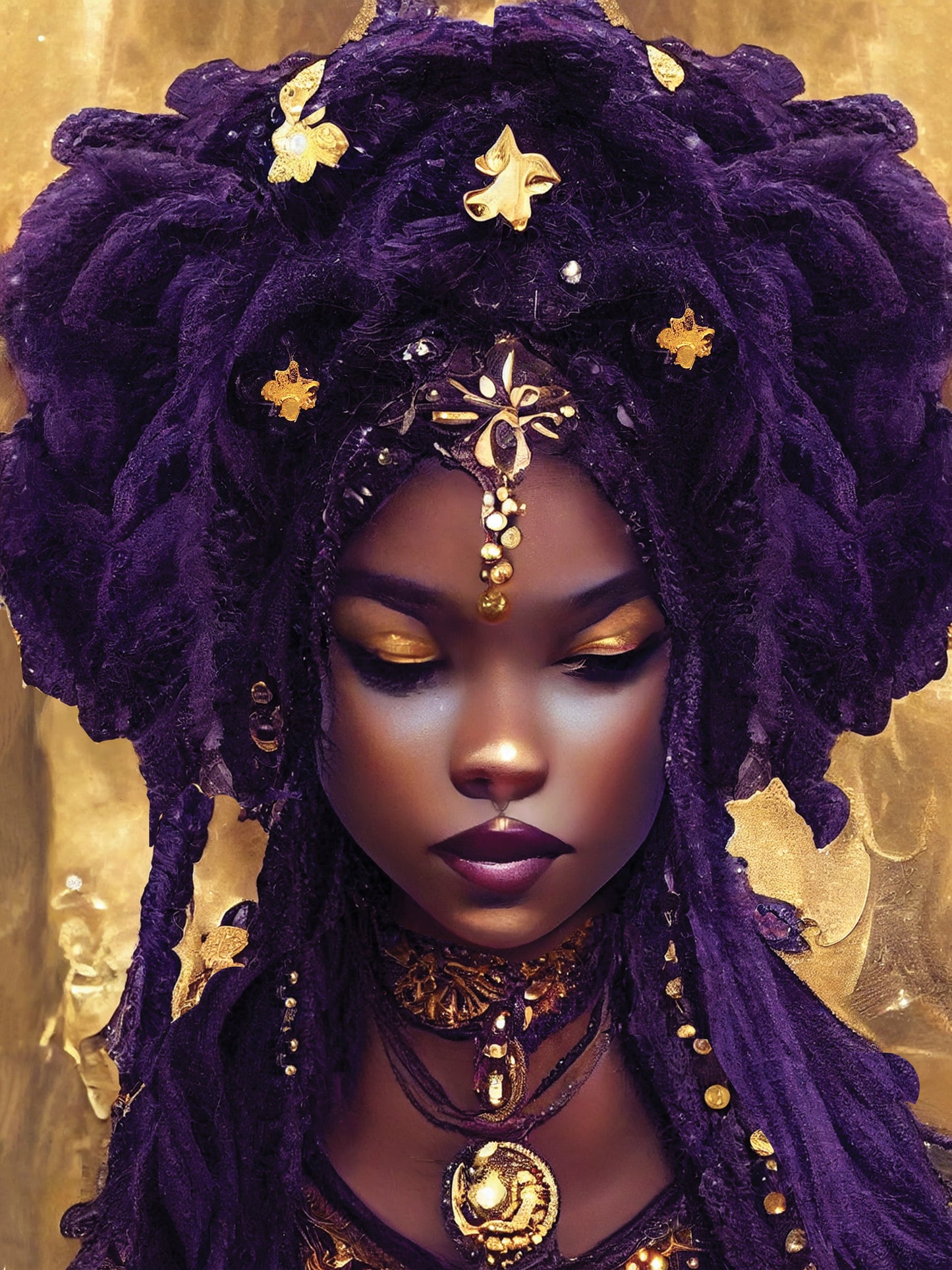 tableau imprimé d'une femme noir inspiré de la peinture et de la déesse éthérée à la peau sombre, longs cheveux violets et noirs avec des perles ornées et des pièces d'or.