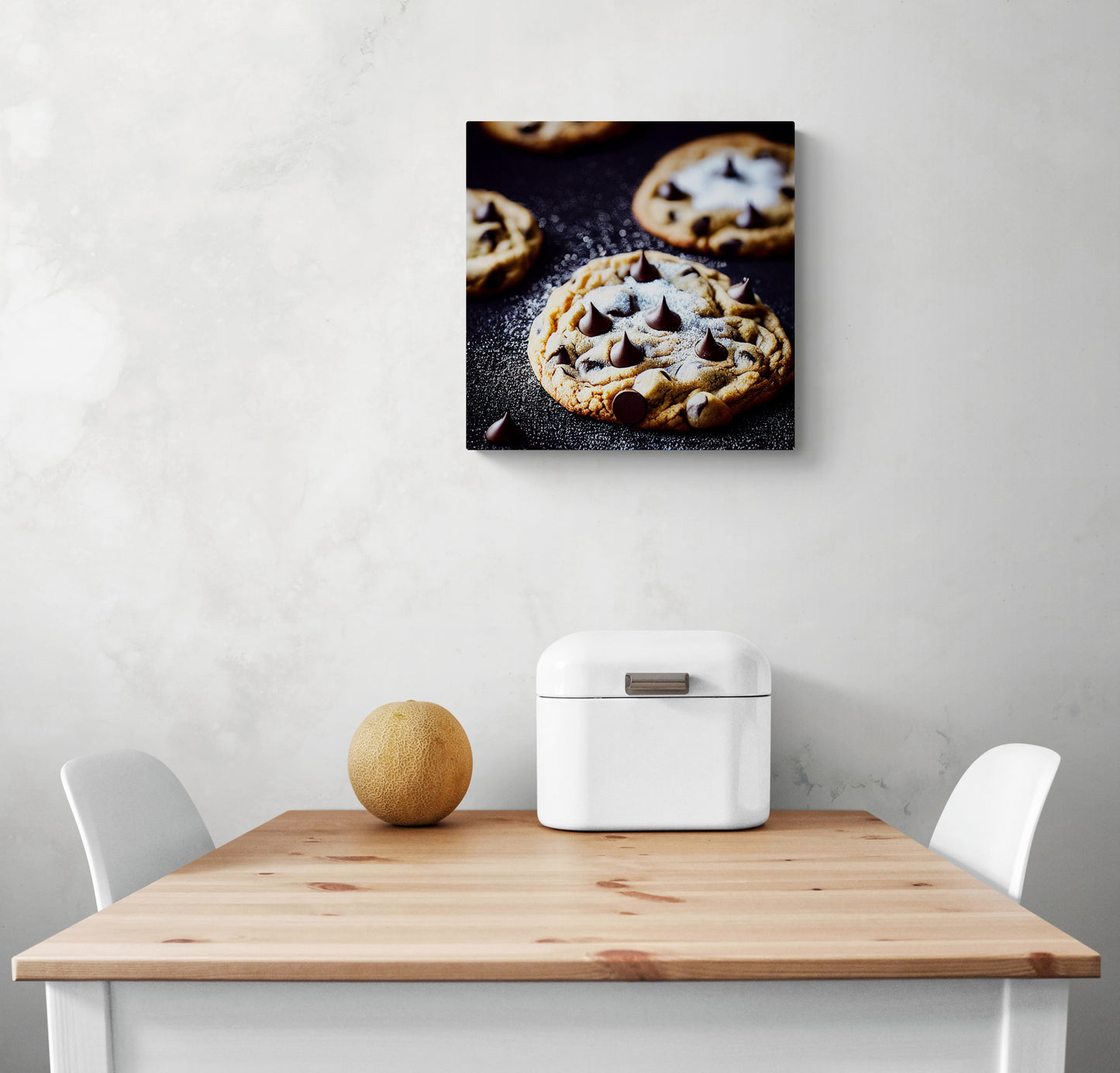 photo cuisine tableau des cookies est accroché sur le mur d'une cuisine en dessous une table en bois et deux chaises blanches