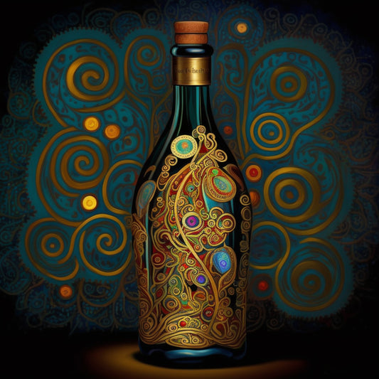 Une bouteille de vin rouge inspirée par le grand Gustav Klimt. On peut voir des reflets d'or qui surlignent la noblesse du vin. Les couleurs varient de brillantes à ternes, donnant une touche de mystère à l'ensemble. La bouteille et son bouchon de liège semblent âgés et prestigieux
