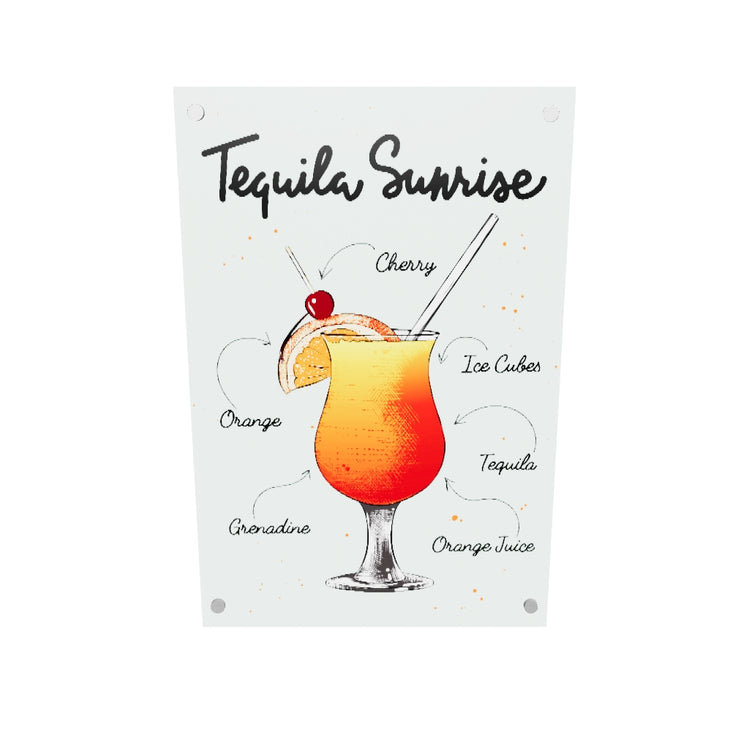 un tableau plexiglass Une illustration sobre et élégante d’un verre de cocktail tequila avec la liste des ingrédients nécessaires à sa réalisation écrit en police d'écriture manuscrite sur un fond jaune.