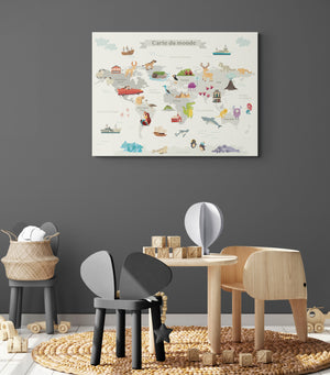 Children's World Map Canvas, playful, educational, customizable.