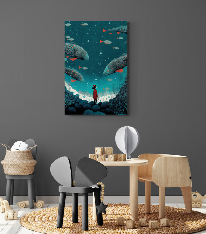 Tableau toile de mer pour chambre d'enfant sur un mur - illustration poétique de la vie sous-marine avec une jeune fille contemplant les profondeurs