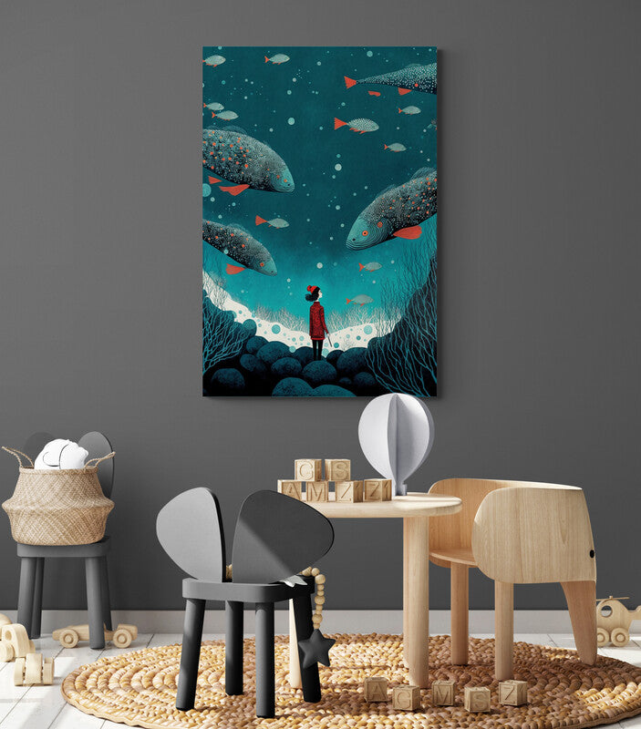 Tableau de mer pour chambre d'enfant sur un mur - illustration poétique de la vie sous-marine avec une jeune fille contemplant les profondeurs