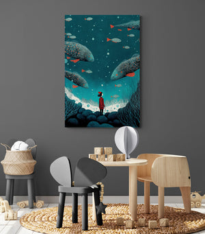 Ocean-themed children's room wall art - poetic illustration of underwater life with a young girl contemplating the depths