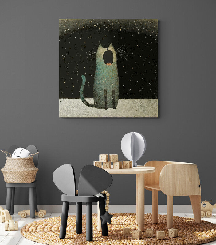 Illustration d'un chat qui baille sur un tableau de décoration dans une chambre d'enfant, créant une ambiance poétique et amusante.