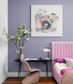Girl's canvas art featuring a retro Valentine camera, watercolor in pastel colors