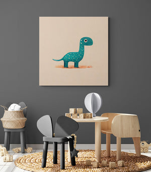 Baby dinosaur canvas, minimalist blue-green diplodocus illustration for nursery room