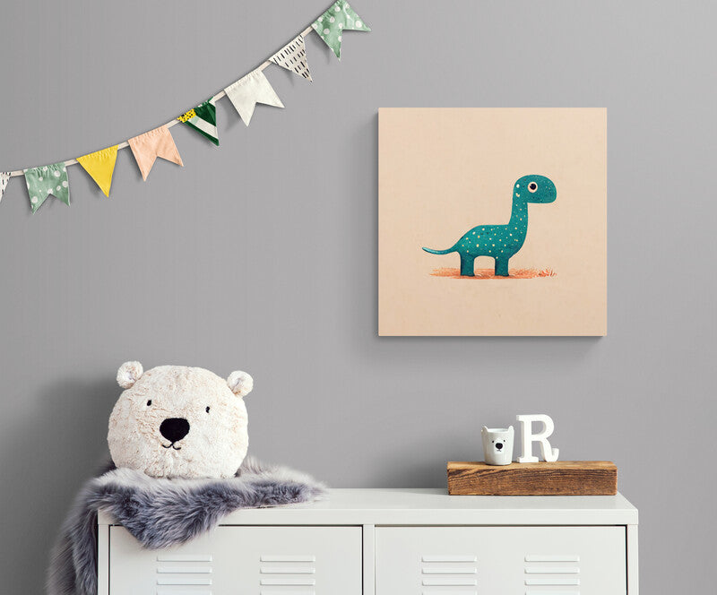 Tableau de décoration bebe dinosaures, illustration d'un diplodocus vert bleu minimaliste pour chambre