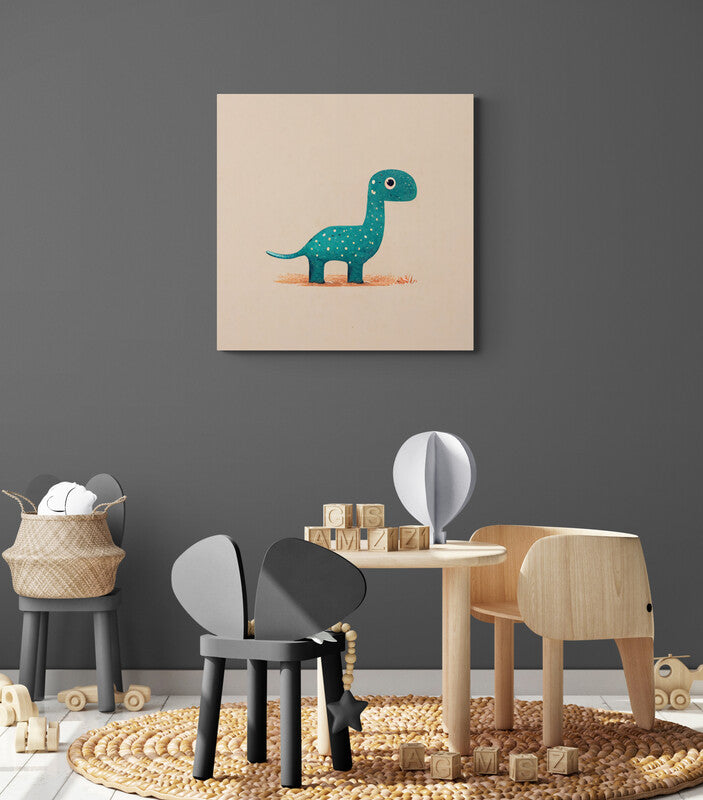 Tableau déco bebe dinosaures, illustration d'un diplodocus vert bleu minimaliste pour chambre