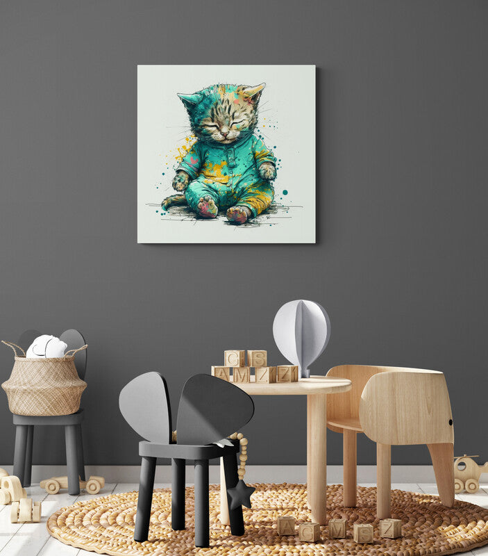 Tableau bebe chat, street art déco, accroché dans une chambre