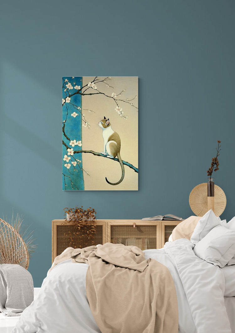 Tableau decoration japonais, chat sur cerisier, fond bleu et beige